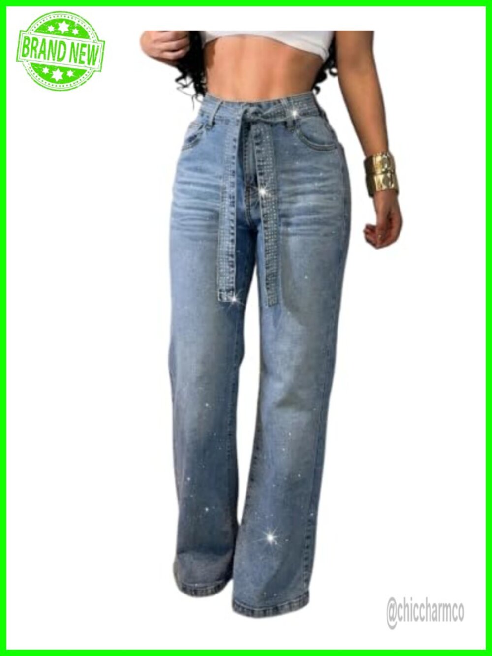 High Waisted Wide Leg Rhinestone Embellished Jeans with Matching Sparkle Belt